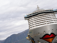 The AIDAnova cruise ship docked in the harbor of Flam, Norway, on September 17, 2024. Flam, located in the Aurlandsfjord, is a popular stop...