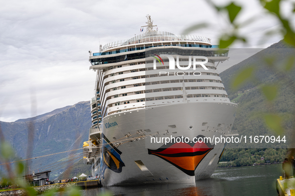 The AIDAnova cruise ship docked in the harbor of Flam, Norway, on September 17, 2024. Flam, located in the Aurlandsfjord, is a popular stop...