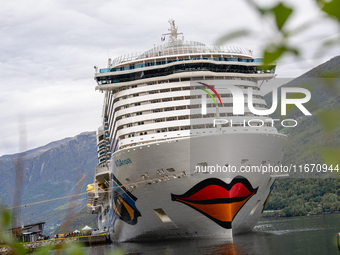 The AIDAnova cruise ship docked in the harbor of Flam, Norway, on September 17, 2024. Flam, located in the Aurlandsfjord, is a popular stop...