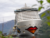 The AIDAnova cruise ship docked in the harbor of Flam, Norway, on September 17, 2024. Flam, located in the Aurlandsfjord, is a popular stop...