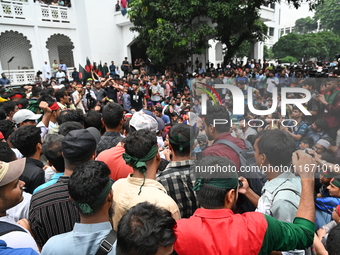 Students stage a demonstration on the High Court premises during a protest to demand the resignation of pro-Awami League  judges in Dhaka, B...