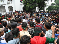 Students stage a demonstration on the High Court premises during a protest to demand the resignation of pro-Awami League  judges in Dhaka, B...