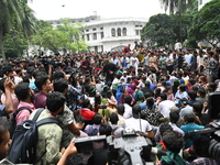 Students stage a demonstration on the High Court premises during a protest to demand the resignation of pro-Awami League  judges in Dhaka, B...