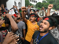 Students stage a demonstration on the High Court premises during a protest to demand the resignation of pro-Awami League  judges in Dhaka, B...