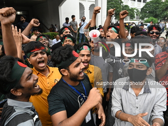 Students stage a demonstration on the High Court premises during a protest to demand the resignation of pro-Awami League  judges in Dhaka, B...