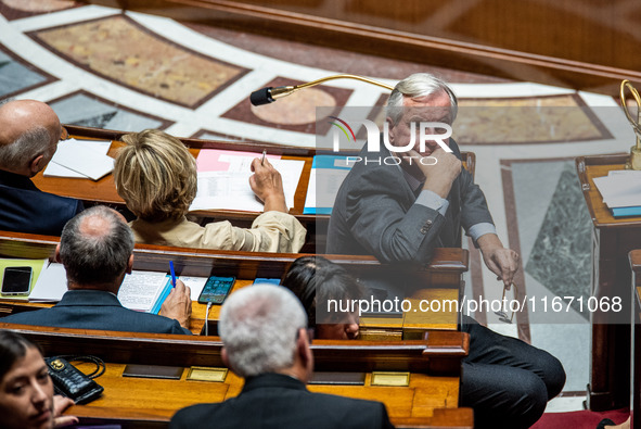 Prime Minister Michel Barnier is at the National Assembly during the parliamentary question session to the government in Paris, France, on O...