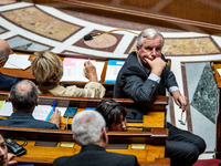 Prime Minister Michel Barnier is at the National Assembly during the parliamentary question session to the government in Paris, France, on O...