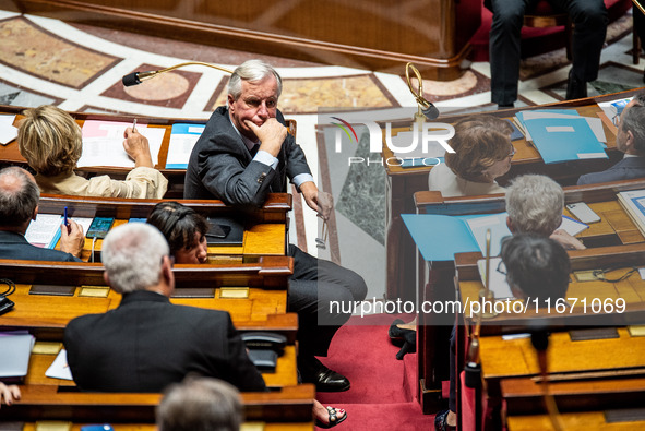 Prime Minister Michel Barnier is at the National Assembly during the parliamentary question session to the government in Paris, France, on O...