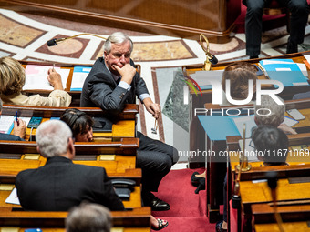 Prime Minister Michel Barnier is at the National Assembly during the parliamentary question session to the government in Paris, France, on O...