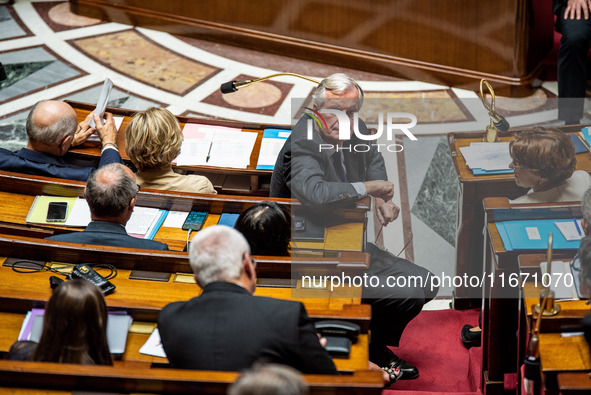 Prime Minister Michel Barnier is at the National Assembly during the parliamentary question session to the government in Paris, France, on O...