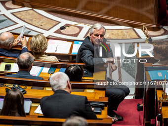 Prime Minister Michel Barnier is at the National Assembly during the parliamentary question session to the government in Paris, France, on O...