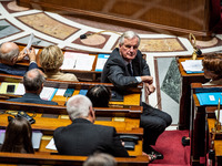 Prime Minister Michel Barnier is at the National Assembly during the parliamentary question session to the government in Paris, France, on O...