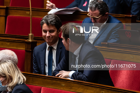 Former Prime Minister and President of Together for the Republic Gabriel Attal is in Parliament during question time in Paris, France, on Oc...