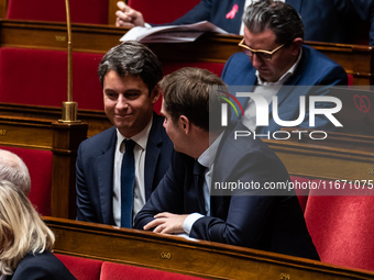 Former Prime Minister and President of Together for the Republic Gabriel Attal is in Parliament during question time in Paris, France, on Oc...