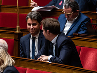 Former Prime Minister and President of Together for the Republic Gabriel Attal is in Parliament during question time in Paris, France, on Oc...