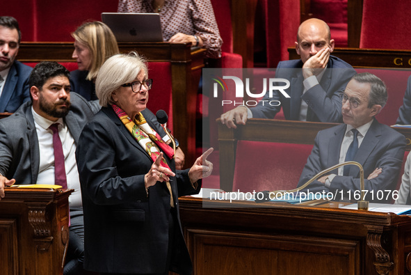 Catherine Vautrin, Minister for Territorial Partnership and Decentralization, is in the French Parliament during question time in Paris, Fra...