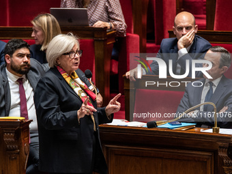 Catherine Vautrin, Minister for Territorial Partnership and Decentralization, is in the French Parliament during question time in Paris, Fra...