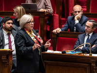 Catherine Vautrin, Minister for Territorial Partnership and Decentralization, is in the French Parliament during question time in Paris, Fra...