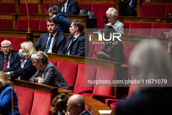 Former Prime Minister and President of Together for the Republic Gabriel Attal is in Parliament during question time in Paris, France, on Oc...