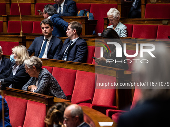 Former Prime Minister and President of Together for the Republic Gabriel Attal is in Parliament during question time in Paris, France, on Oc...