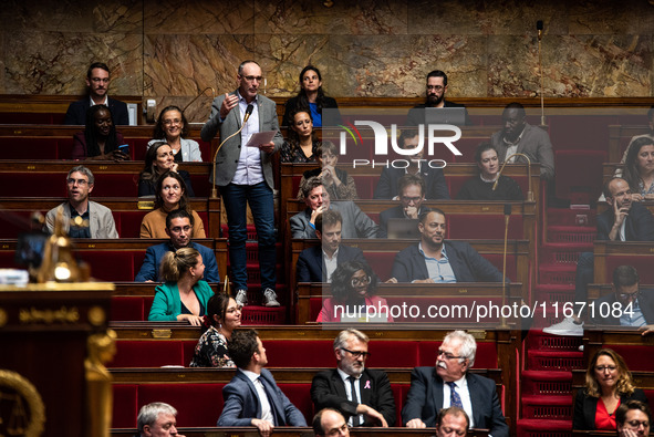 MP of La France Insoumise Loic Prud'homme delivers a speech against the construction of some heavily contested high-speed line sections duri...