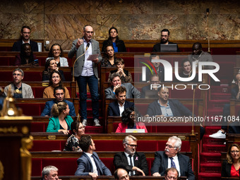 MP of La France Insoumise Loic Prud'homme delivers a speech against the construction of some heavily contested high-speed line sections duri...