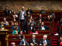 MP of La France Insoumise Loic Prud'homme delivers a speech against the construction of some heavily contested high-speed line sections duri...