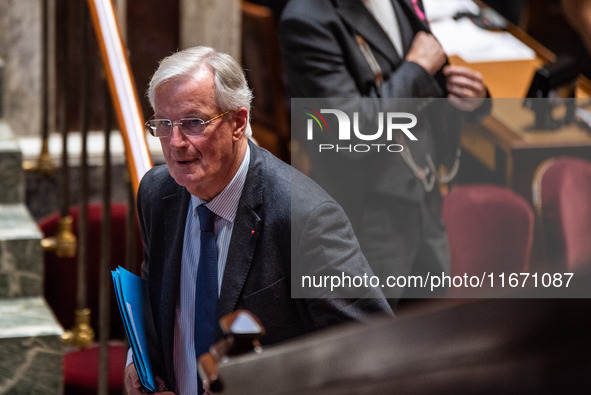 Prime Minister Michel Barnier is at the National Assembly during the parliamentary question session to the government in Paris, France, on O...