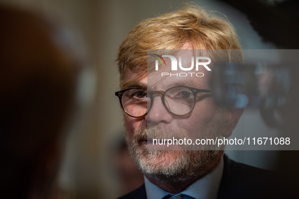 Marc Fesneau, President of the group Les Democrates in Parliament, answers the journalists in Paris, France, on October 16, 2024. 