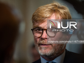 Marc Fesneau, President of the group Les Democrates in Parliament, answers the journalists in Paris, France, on October 16, 2024. (