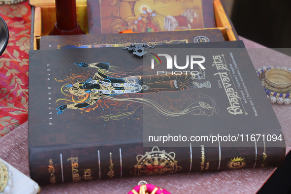 The Bhagavad Gita is displayed during the Sree Ganesh Chaturthi Mahotsav festival in Brampton, Ontario, Canada, on September 14, 2024. Ganes...