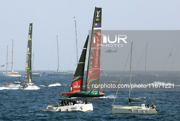 Emirates Team New Zealand and Ineos Britannia compete during race 5 of the Louis Vuitton 37th America's Cup in Barcelona, Spain, on October...