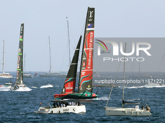 Emirates Team New Zealand and Ineos Britannia compete during race 5 of the Louis Vuitton 37th America's Cup in Barcelona, Spain, on October...