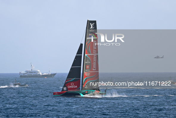 Emirates Team New Zealand competes in Race 5 during the Louis Vuitton 37th America's Cup in Barcelona, Spain, on October 16, 2024. 