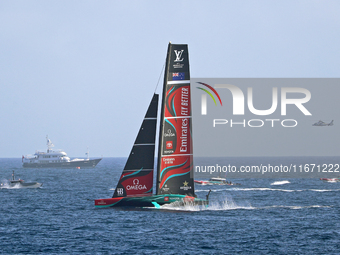 Emirates Team New Zealand competes in Race 5 during the Louis Vuitton 37th America's Cup in Barcelona, Spain, on October 16, 2024. (