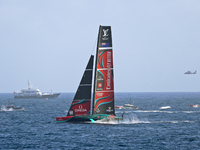 Emirates Team New Zealand competes in Race 5 during the Louis Vuitton 37th America's Cup in Barcelona, Spain, on October 16, 2024. (