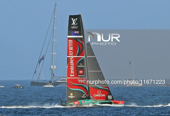 Emirates Team New Zealand and Ineos Britannia compete during race 5 of the Louis Vuitton 37th America's Cup in Barcelona, Spain, on October...