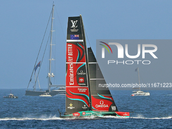 Emirates Team New Zealand and Ineos Britannia compete during race 5 of the Louis Vuitton 37th America's Cup in Barcelona, Spain, on October...