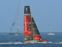 Emirates Team New Zealand and Ineos Britannia compete during race 5 of the Louis Vuitton 37th America's Cup in Barcelona, Spain, on October...