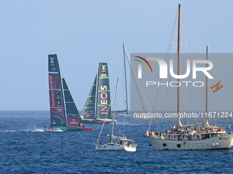 Emirates Team New Zealand and Ineos Britannia compete during race 5 of the Louis Vuitton 37th America's Cup in Barcelona, Spain, on October...