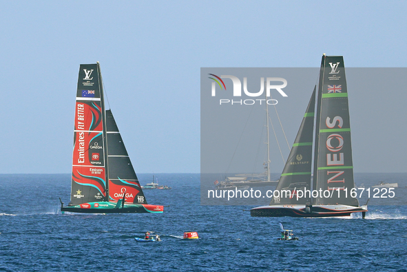 Emirates Team New Zealand and Ineos Britannia compete during race 5 of the Louis Vuitton 37th America's Cup in Barcelona, Spain, on October...