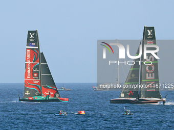 Emirates Team New Zealand and Ineos Britannia compete during race 5 of the Louis Vuitton 37th America's Cup in Barcelona, Spain, on October...