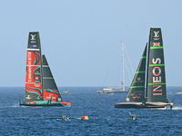 Emirates Team New Zealand and Ineos Britannia compete during race 5 of the Louis Vuitton 37th America's Cup in Barcelona, Spain, on October...