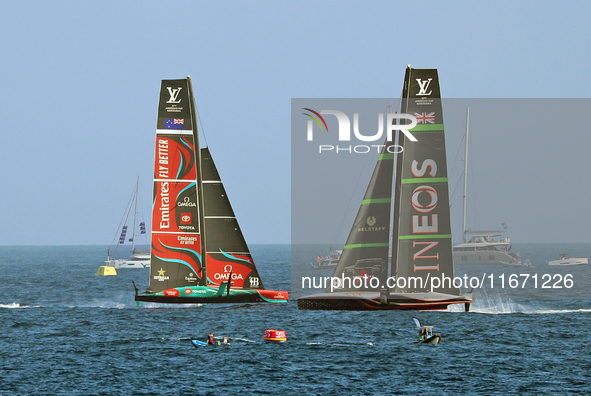 Emirates Team New Zealand and Ineos Britannia compete during race 5 of the Louis Vuitton 37th America's Cup in Barcelona, Spain, on October...