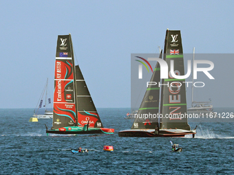 Emirates Team New Zealand and Ineos Britannia compete during race 5 of the Louis Vuitton 37th America's Cup in Barcelona, Spain, on October...