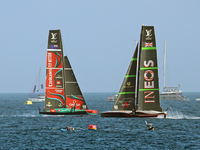 Emirates Team New Zealand and Ineos Britannia compete during race 5 of the Louis Vuitton 37th America's Cup in Barcelona, Spain, on October...