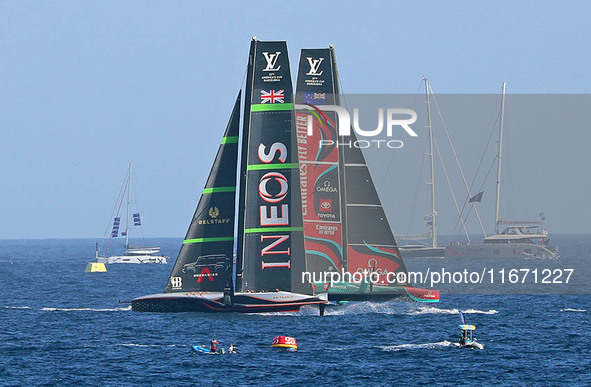 Emirates Team New Zealand and Ineos Britannia compete during race 5 of the Louis Vuitton 37th America's Cup in Barcelona, Spain, on October...