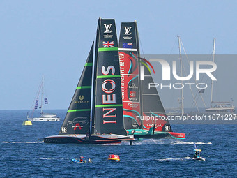 Emirates Team New Zealand and Ineos Britannia compete during race 5 of the Louis Vuitton 37th America's Cup in Barcelona, Spain, on October...