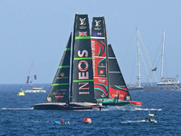 Emirates Team New Zealand and Ineos Britannia compete during race 5 of the Louis Vuitton 37th America's Cup in Barcelona, Spain, on October...