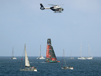 Emirates Team New Zealand and Ineos Britannia compete during race 5 of the Louis Vuitton 37th America's Cup in Barcelona, Spain, on October...